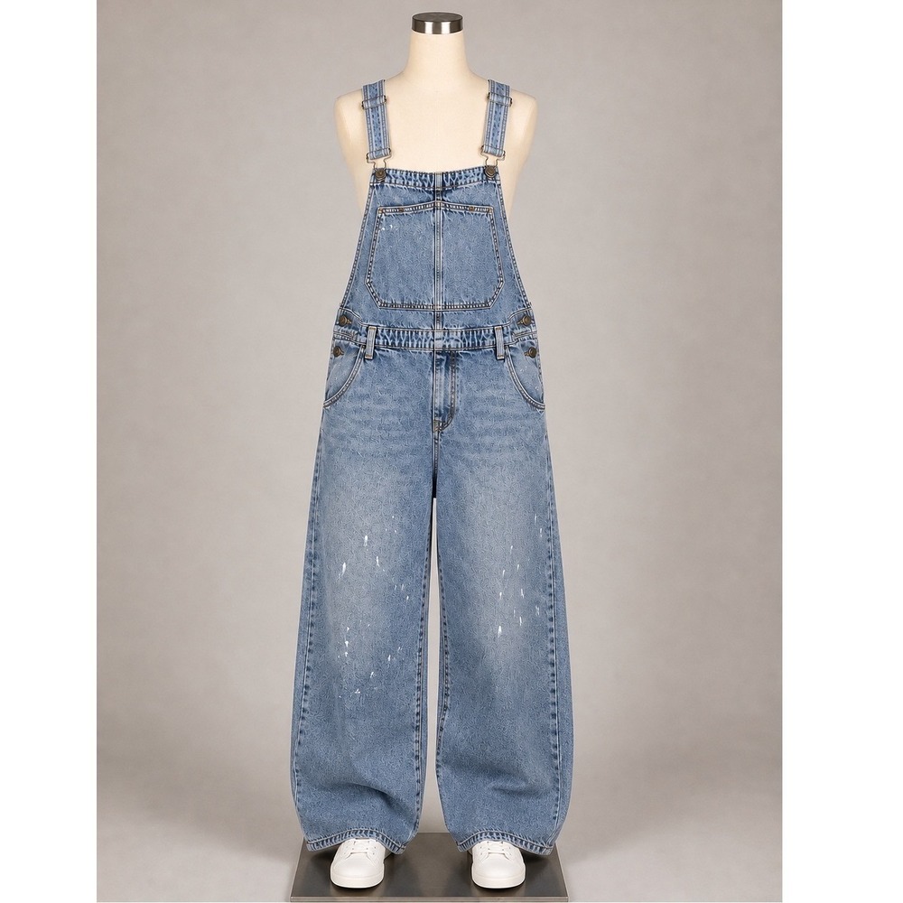 Wild Fable Women Blue Paint Splatter Denim Overalls Size L New Avant Garde